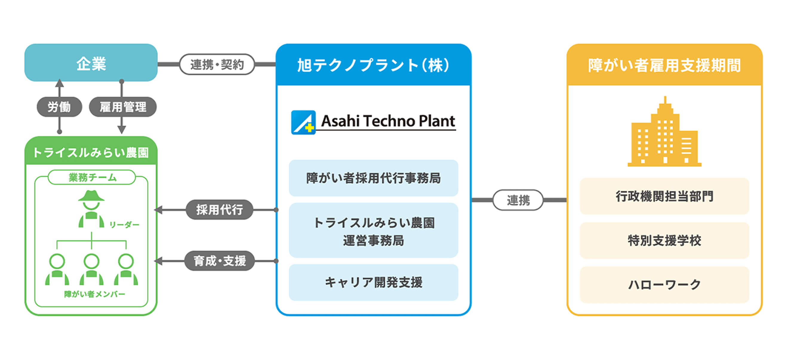 企業とトライスルみらい農園、旭テクノプラント株式会社、障がい者雇用支援機関の連携を示す図。企業は障がい者メンバーが働くトライスルみらい農園と労働・雇用管理で関わり、旭テクノプラントが採用・育成支援を代行。さらに、行政機関や特別支援学校、ハローワークなどと旭テクノプラントが連携し、障がい者の就労を支援する流れを表している。